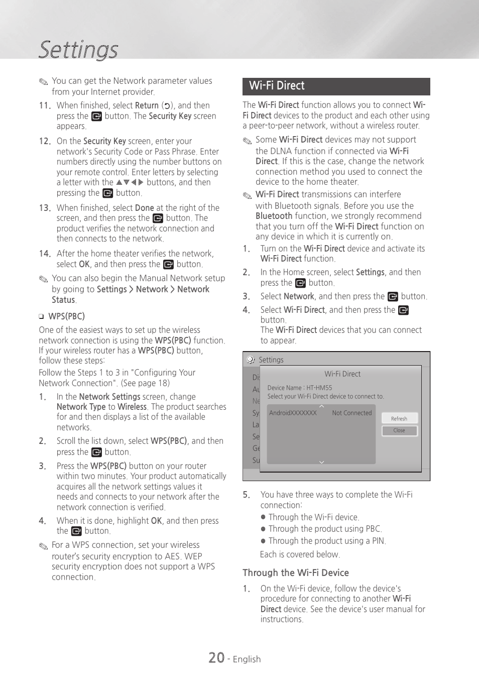 Wi-fi direct, 20 wi-fi direct, Settings | Samsung HT-HM55-ZA User Manual | Page 20 / 47