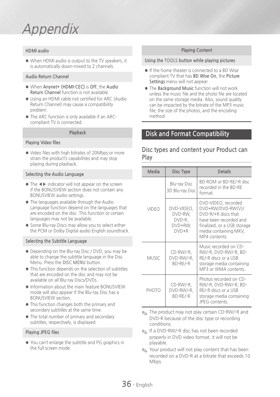 Disk and format compatibility, 36 disk and format compatibility, Appendix | Disc types and content your product can play | Samsung HT-HM55-ZA User Manual | Page 36 / 47