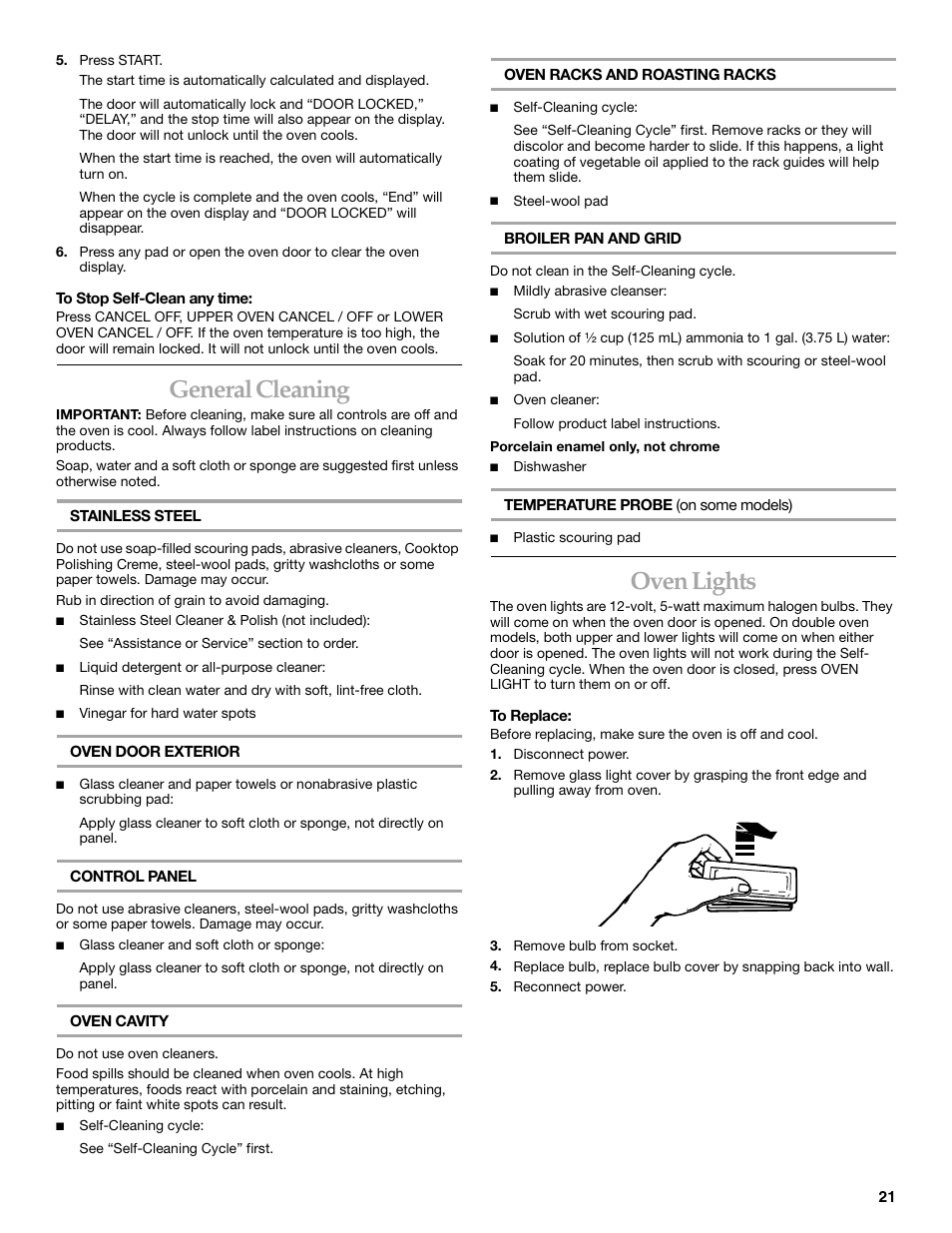 General cleaning, Oven lights | KITCHENAID KEBC107 User Manual | Page 21 / 24