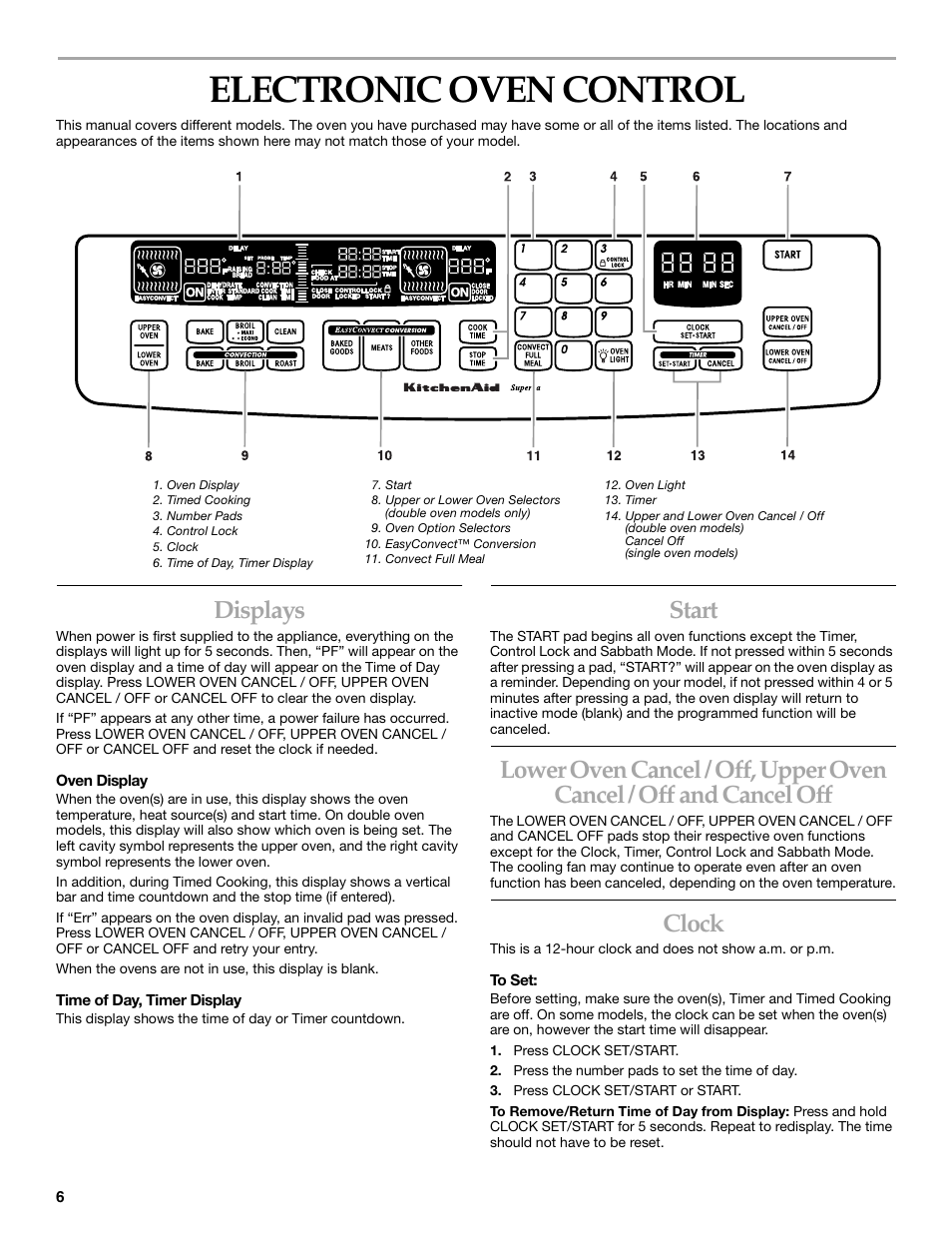 Electronic oven control, Displays, Start | Clock | KITCHENAID KEBC107 User Manual | Page 6 / 24