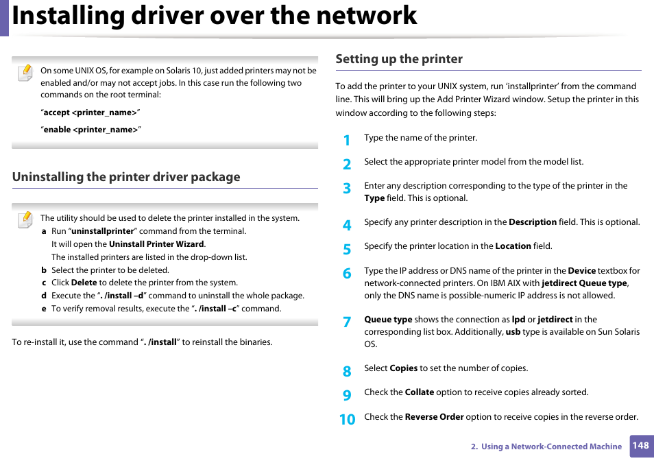 Installing driver over the network, Uninstalling the printer driver package, Setting up the printer | Samsung SCX-4729FW-XAA User Manual | Page 148 / 317