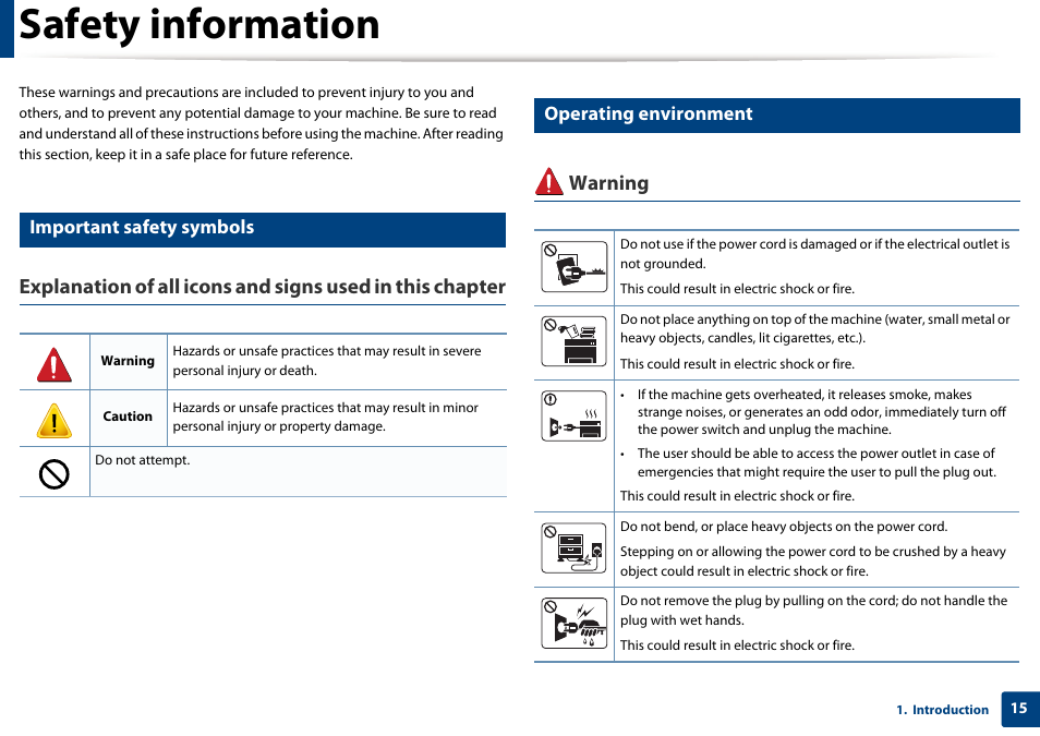 Safety information, Warning, Important safety symbols | Operating environment | Samsung SCX-4729FW-XAA User Manual | Page 15 / 317
