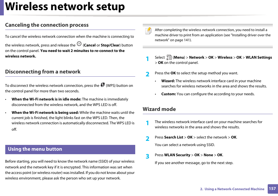 Wireless network setup, Canceling the connection process, Disconnecting from a network | Wizard mode, Using the menu button | Samsung SCX-4729FW-XAA User Manual | Page 157 / 317
