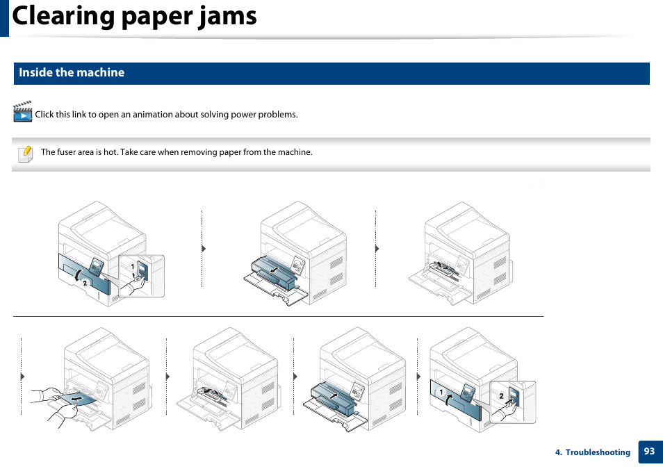 Clearing paper jams, Inside the machine | Samsung SCX-4729FW-XAA User Manual | Page 93 / 317