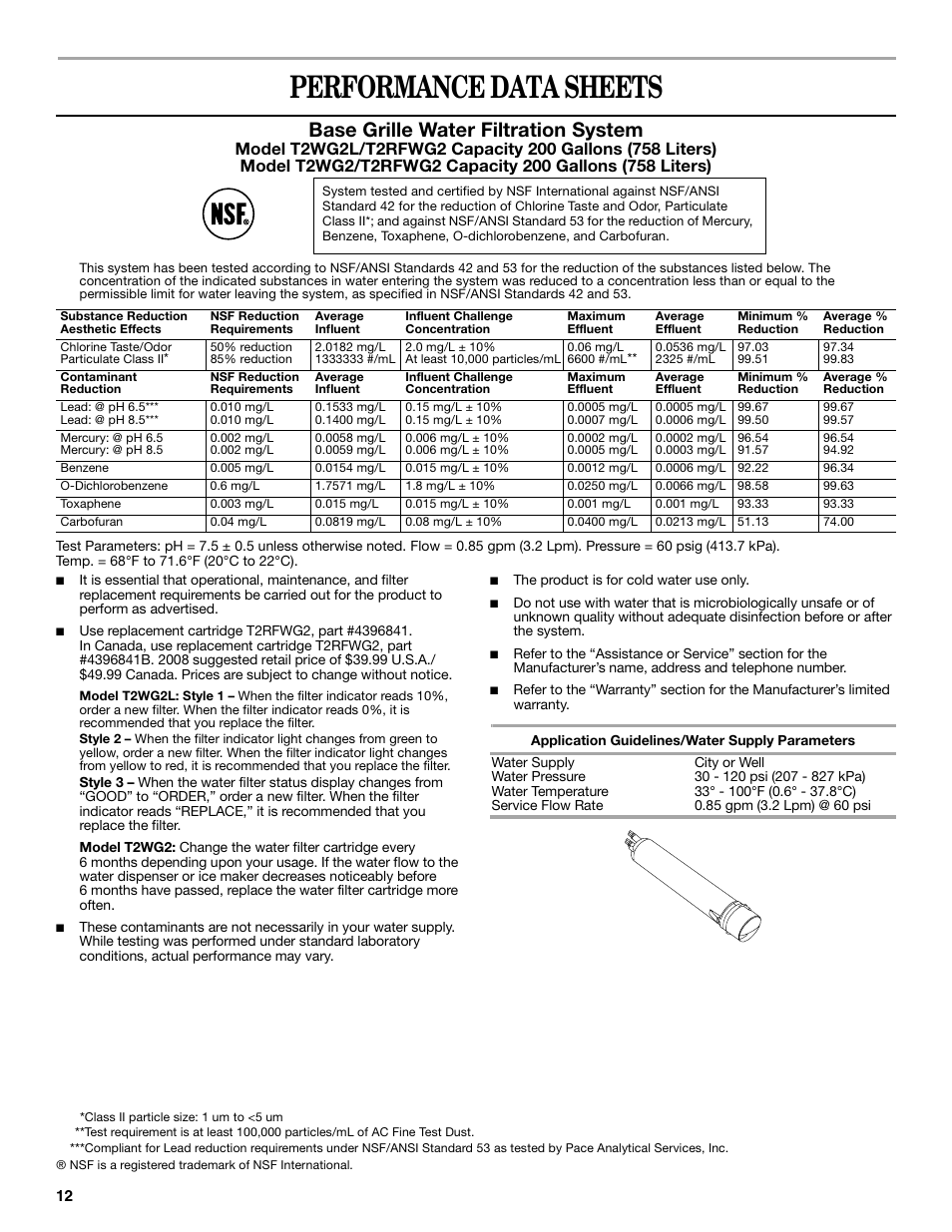 Performance data sheets, Base grille water filtration system | Amana W10180388A User Manual | Page 12 / 42