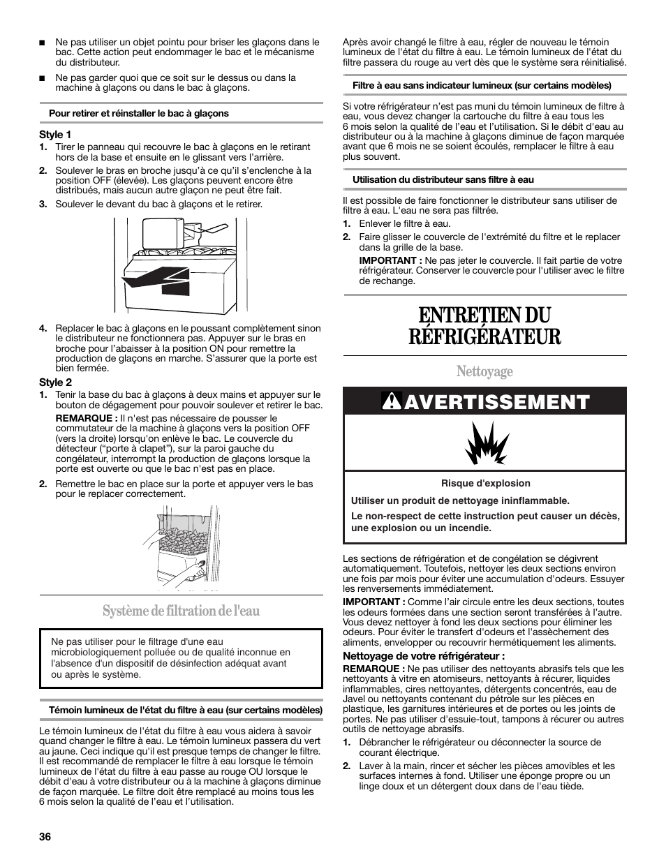Entretien du réfrigérateur, Avertissement, Système de filtration de l'eau | Nettoyage | Amana W10180388A User Manual | Page 36 / 42