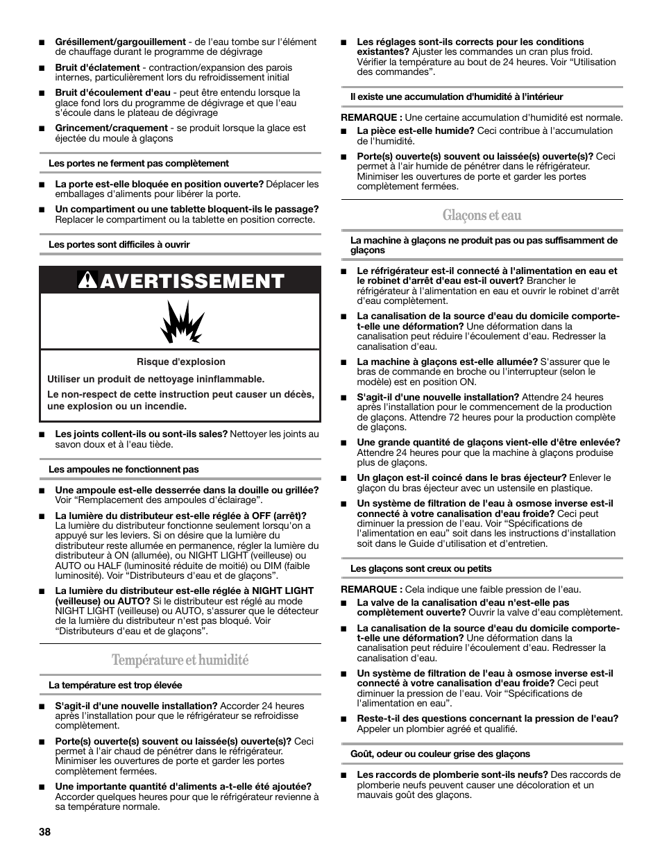 Avertissement, Température et humidité, Glaçons et eau | Amana W10180388A User Manual | Page 38 / 42