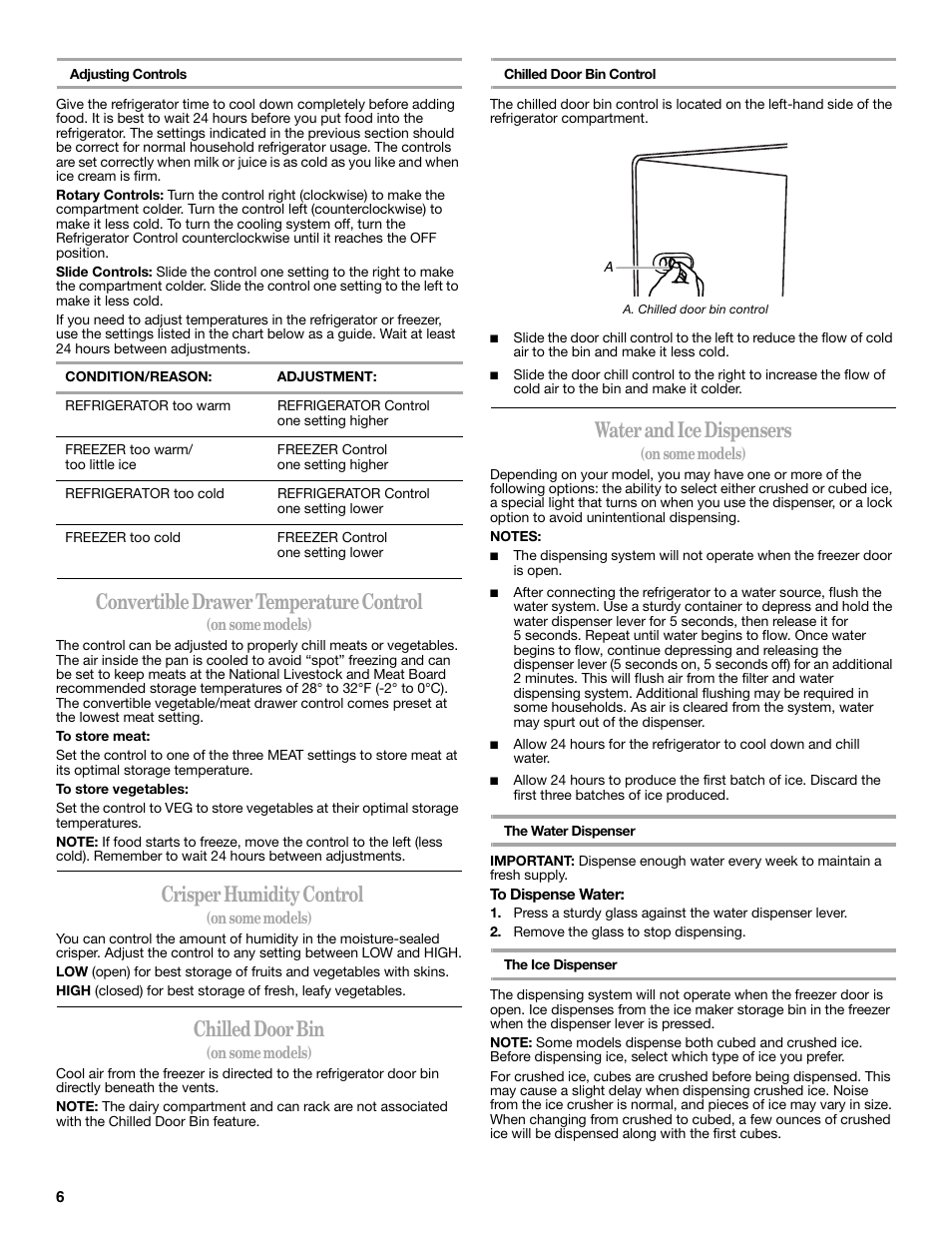 Convertible drawer temperature control, Crisper humidity control, Chilled door bin | Water and ice dispensers | Amana W10180388A User Manual | Page 6 / 42