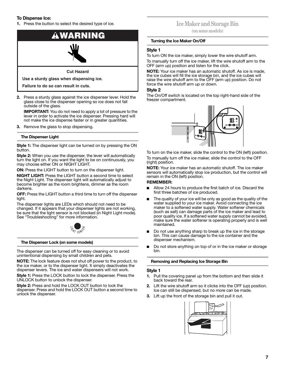 Warning, Ice maker and storage bin | Amana W10180388A User Manual | Page 7 / 42