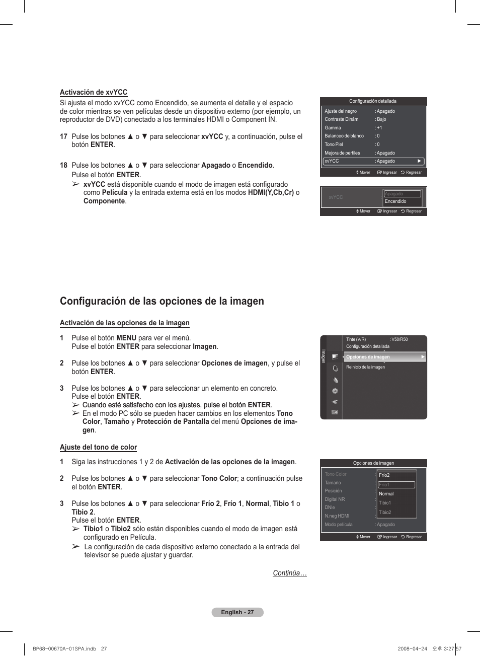 Configuración de las opciones de la imagen | Samsung HL72A650C1FXZA User Manual | Page 128 / 195