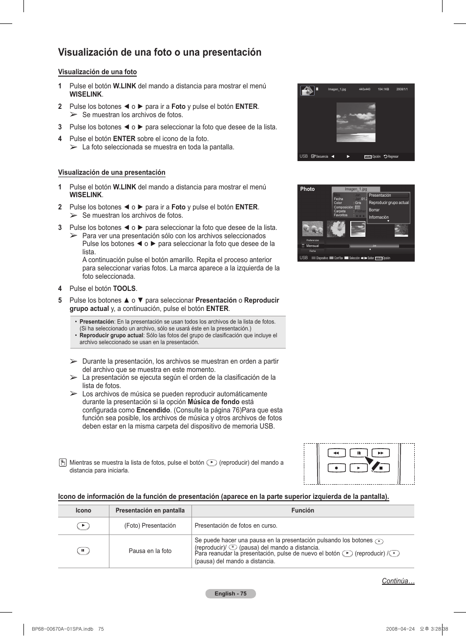 Visualización de una foto o una presentación, Continúa | Samsung HL72A650C1FXZA User Manual | Page 176 / 195