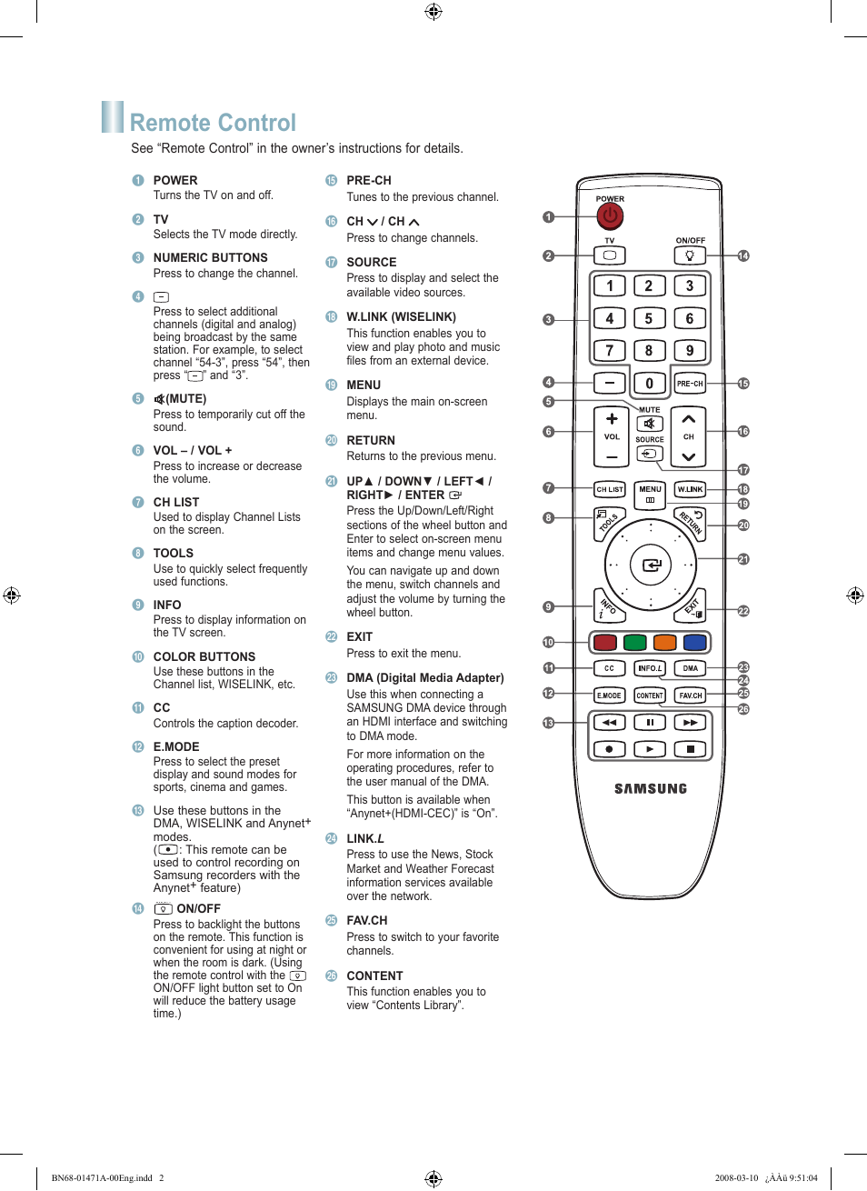 Remote control | Samsung LN40A750R1FXZA User Manual | Page 2 / 12