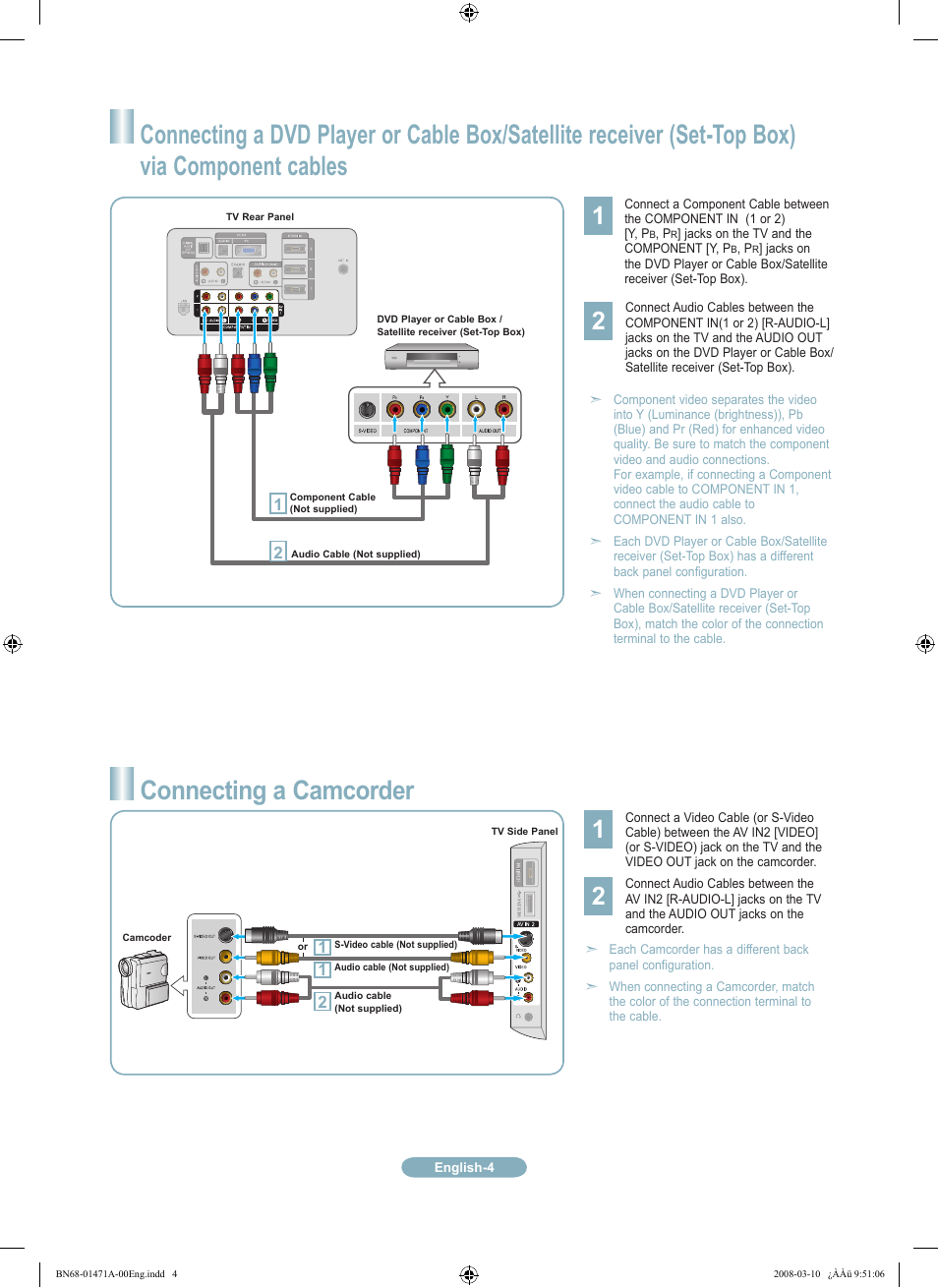 Connecting a camcorder | Samsung LN40A750R1FXZA User Manual | Page 4 / 12