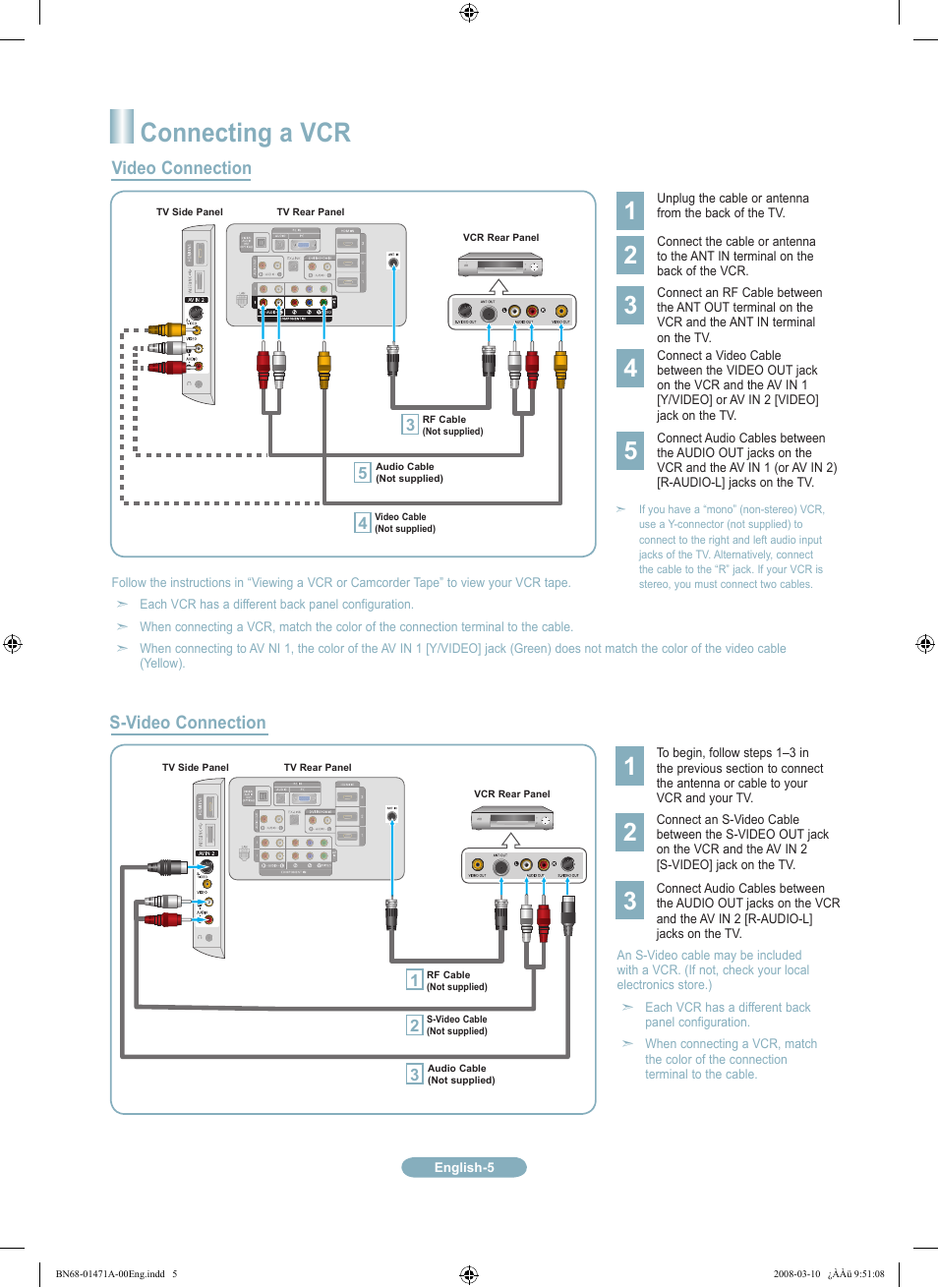 Connecting a vcr, Video connection s-video connection | Samsung LN40A750R1FXZA User Manual | Page 5 / 12