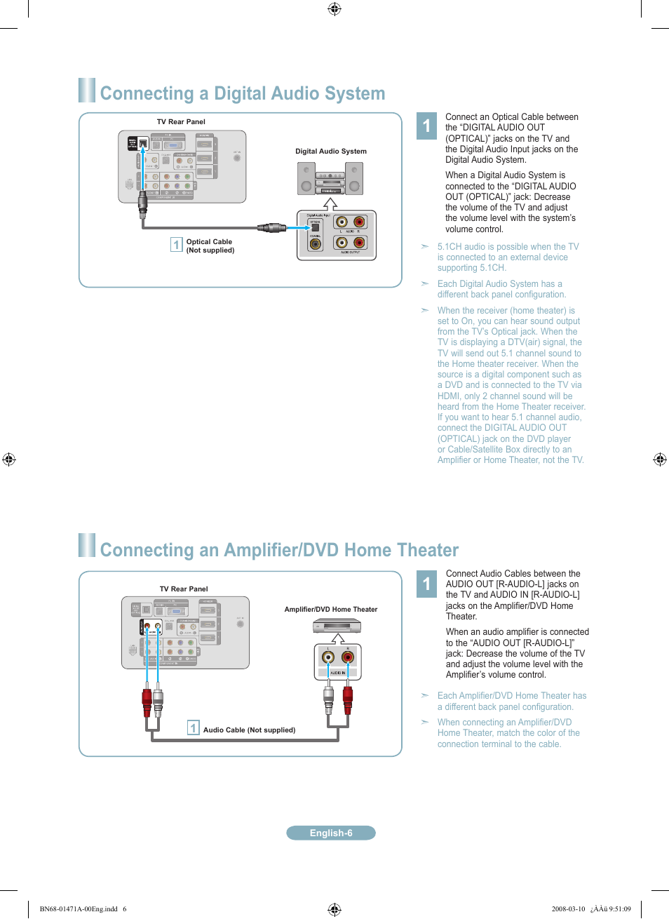 Connecting a digital audio system, Connecting an amplifier/dvd home theater | Samsung LN40A750R1FXZA User Manual | Page 6 / 12