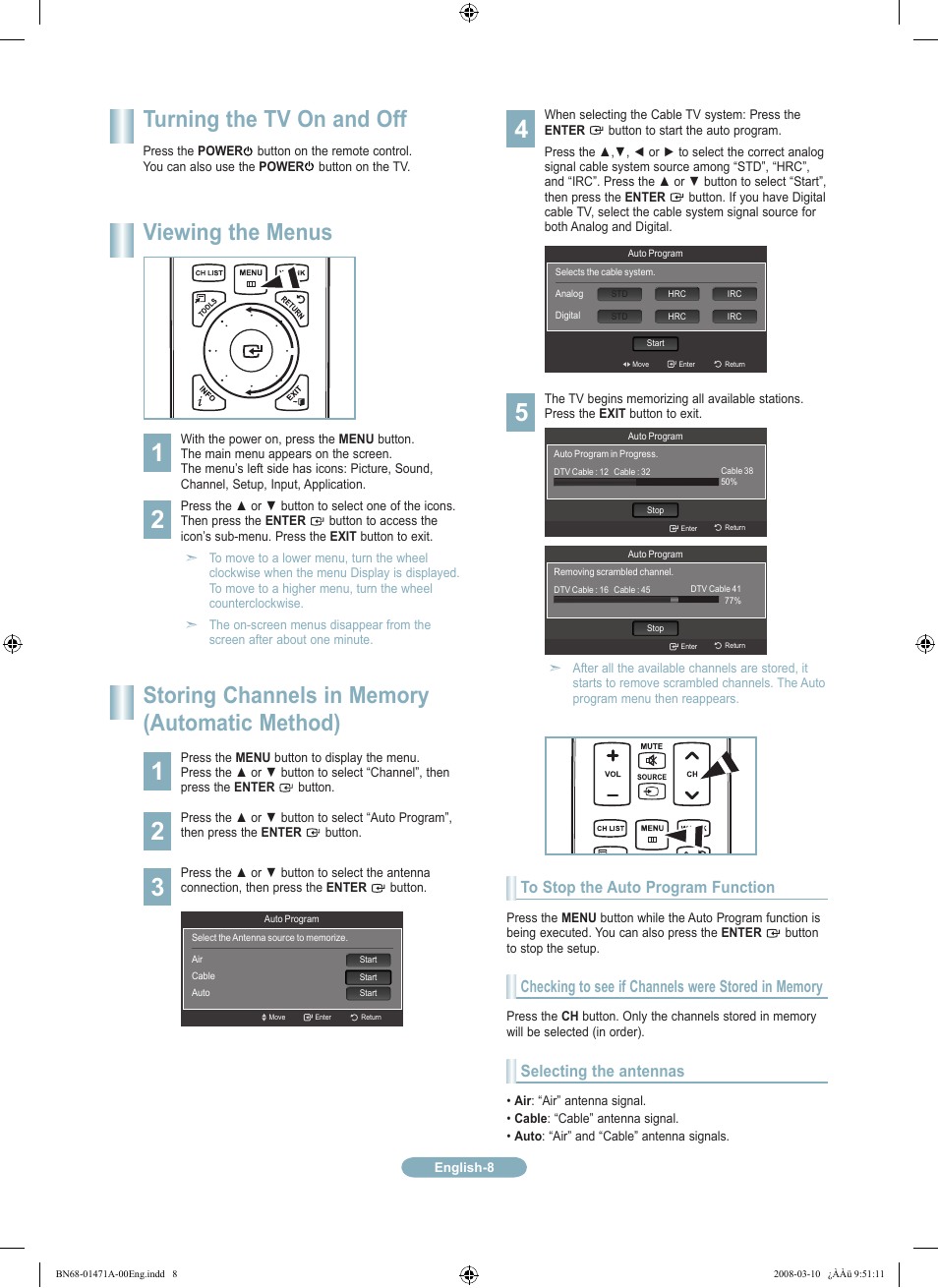 Turning the tv on and off, Viewing the menus | Samsung LN40A750R1FXZA User Manual | Page 8 / 12