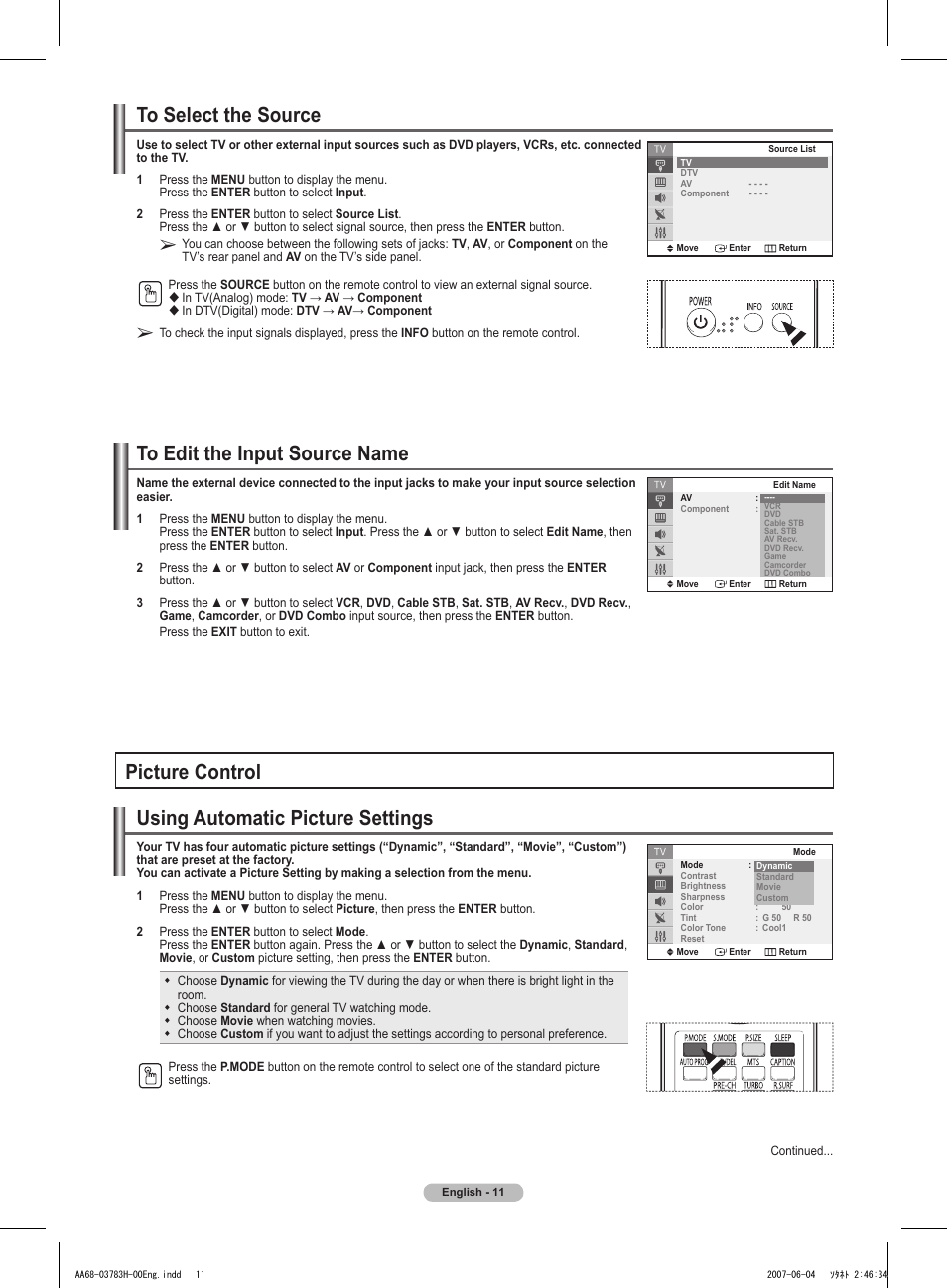 To select the source, To edit the input source name, Picture control | Using automatic picture settings | Samsung TXT2082X-XAA User Manual | Page 12 / 24
