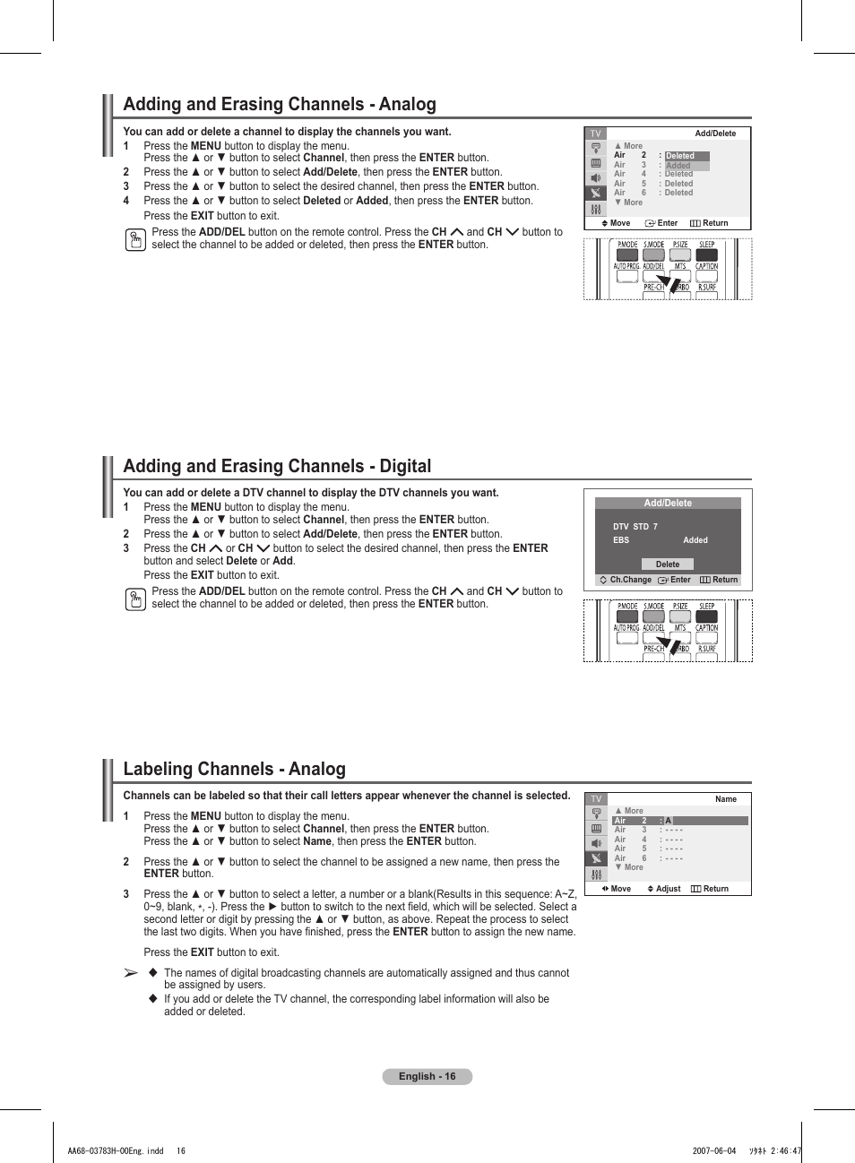Adding and erasing channels - analog, Adding and erasing channels - digital, Labeling channels - analog | Samsung TXT2082X-XAA User Manual | Page 17 / 24