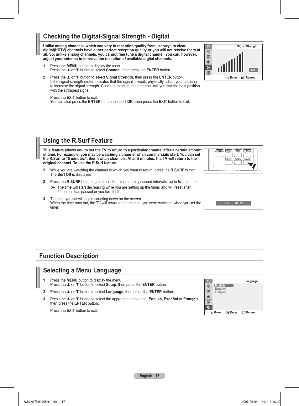 Checking the digital-signal strength - digital, Using the r.surf feature, Function description | Selecting a menu language | Samsung TXT2082X-XAA User Manual | Page 18 / 24