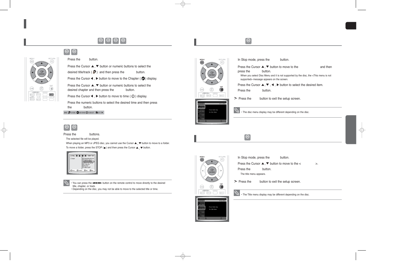 Using the playback function, Con’t), Moving directly to a scene/song 1 | Using the disc menu using the title menu | Samsung HT-X40T-XAA User Manual | Page 19 / 33