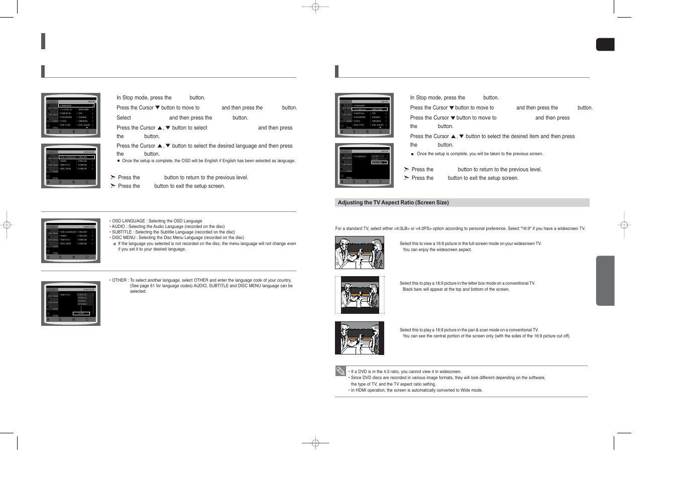 Settings, Setting the language, Setting tv screen type | Samsung HT-X40T-XAA User Manual | Page 21 / 33
