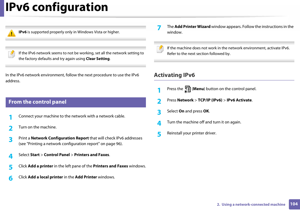 Ipv6 configuration, Activating ipv6 | Samsung SL-C410W-XAA User Manual | Page 104 / 232