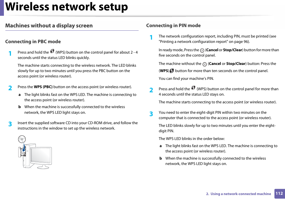 Wireless network setup, Machines without a display screen | Samsung SL-C410W-XAA User Manual | Page 112 / 232