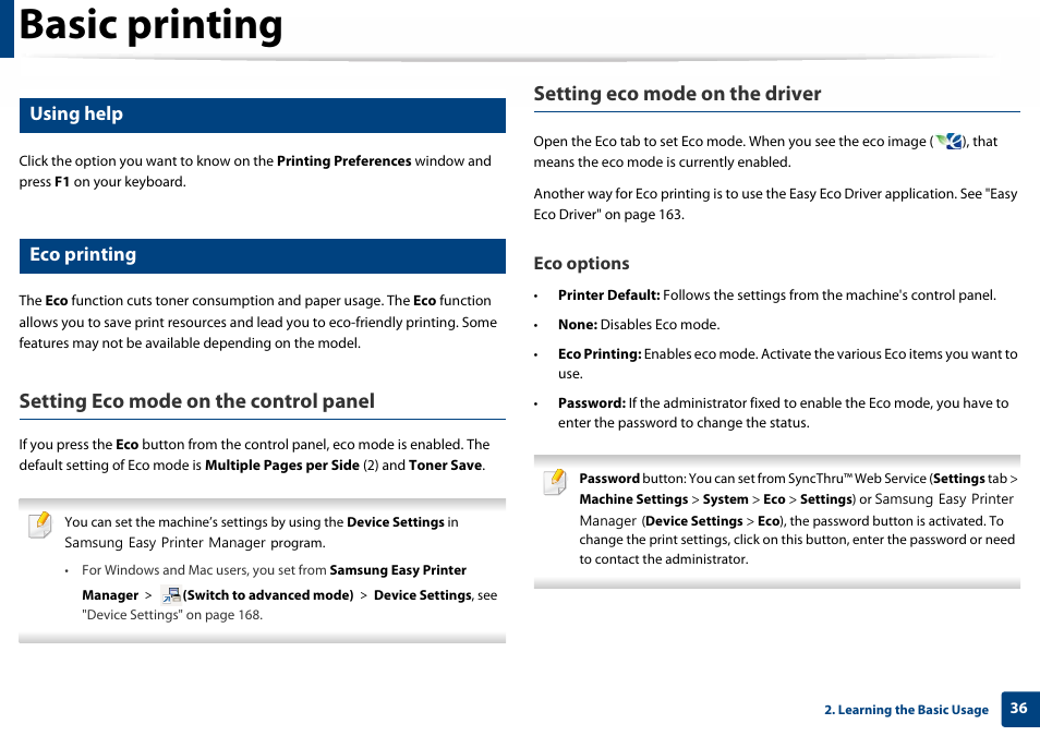 Basic printing, Setting eco mode on the control panel, Setting eco mode on the driver | Using help, Eco printing, Eco options | Samsung SL-C410W-XAA User Manual | Page 36 / 232