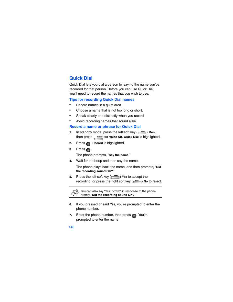 Quick dial, The phone prompts, “say the name | Samsung SCH-A790ZKVXAR User Manual | Page 148 / 198