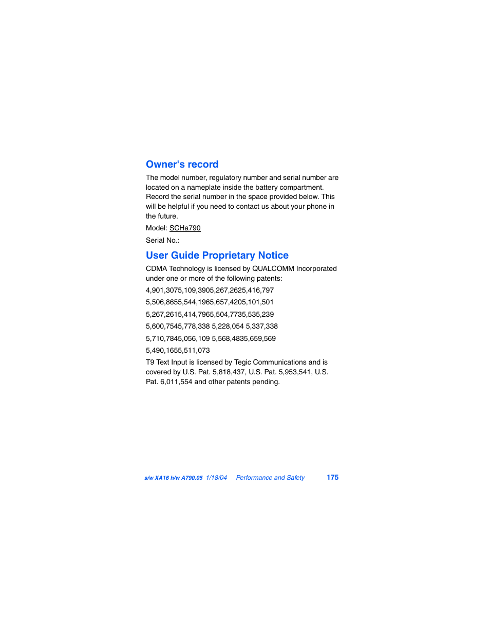 Owner's record, User guide proprietary notice | Samsung SCH-A790ZKVXAR User Manual | Page 183 / 198