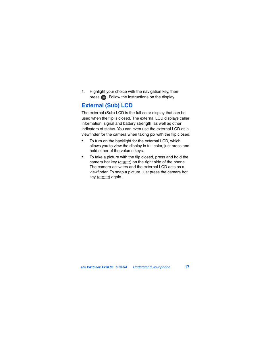 External (sub) lcd | Samsung SCH-A790ZKVXAR User Manual | Page 25 / 198