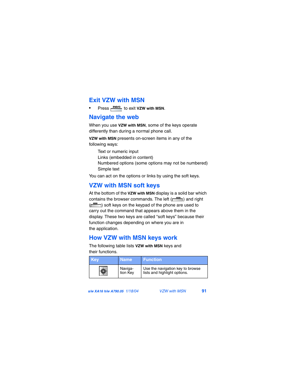 Exit vzw with msn, Navigate the web, Vzw with msn soft keys | How vzw with msn keys work | Samsung SCH-A790ZKVXAR User Manual | Page 99 / 198