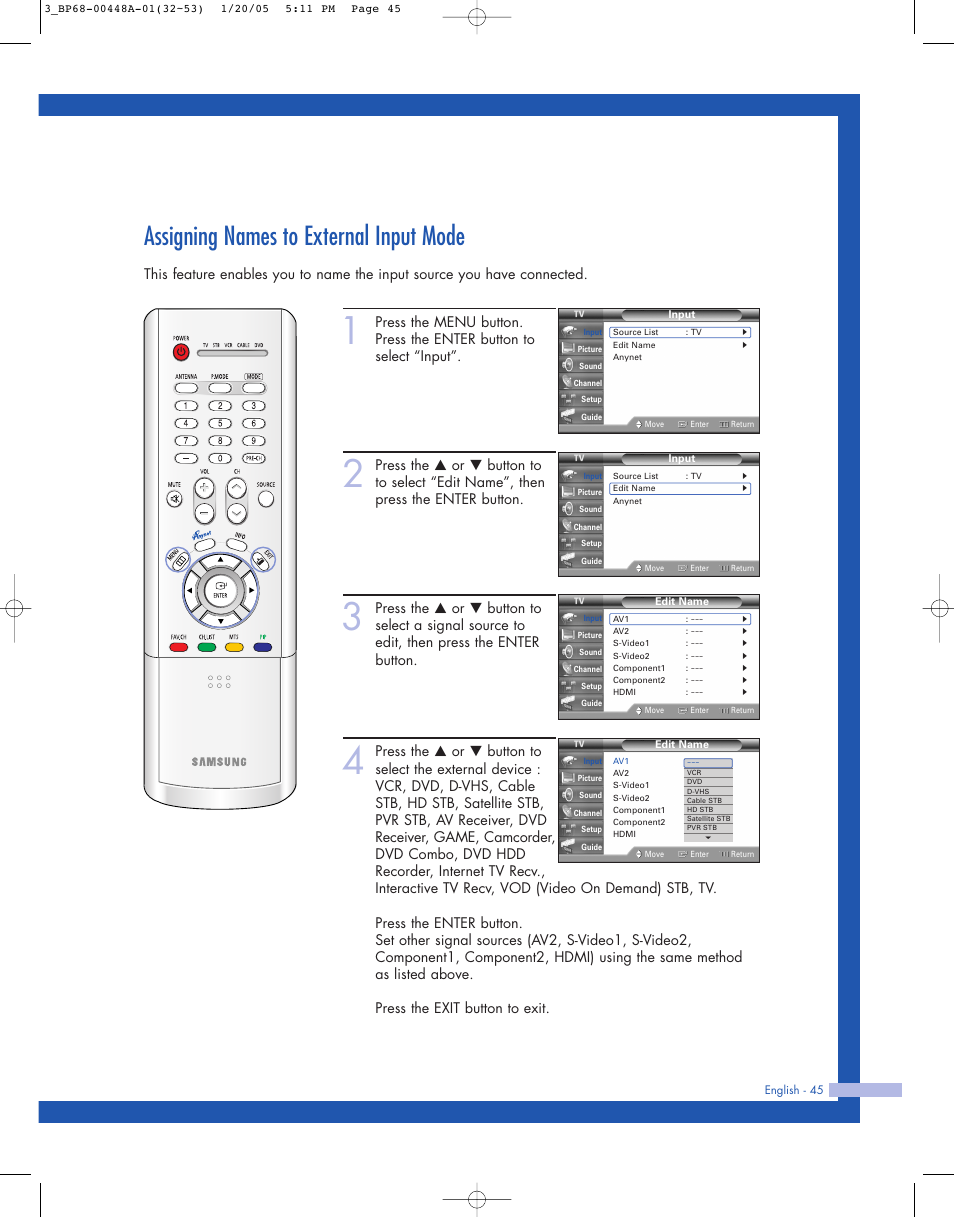 Assigning names to external input mode | Samsung HLR5087WX-XAA User Manual | Page 45 / 104