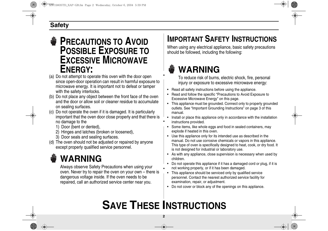 Safety, Hese, Nstructions | Warning, Recautions to, Void, Ossible, Xposure to, Xcessive, Icrowave | Samsung MW1980STD-XAP User Manual | Page 2 / 28