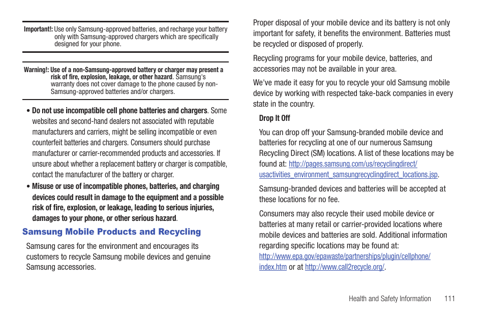 Samsung mobile products and recycling | Samsung SCH-R680WRAUSC User Manual | Page 115 / 141