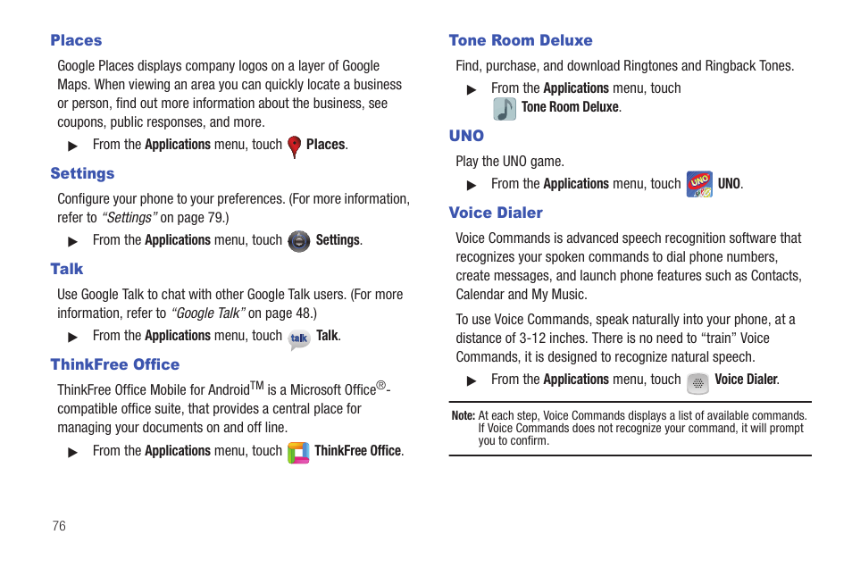 Places, Settings, Talk | Thinkfree office, Tone room deluxe, Voice dialer | Samsung SCH-R680WRAUSC User Manual | Page 80 / 141
