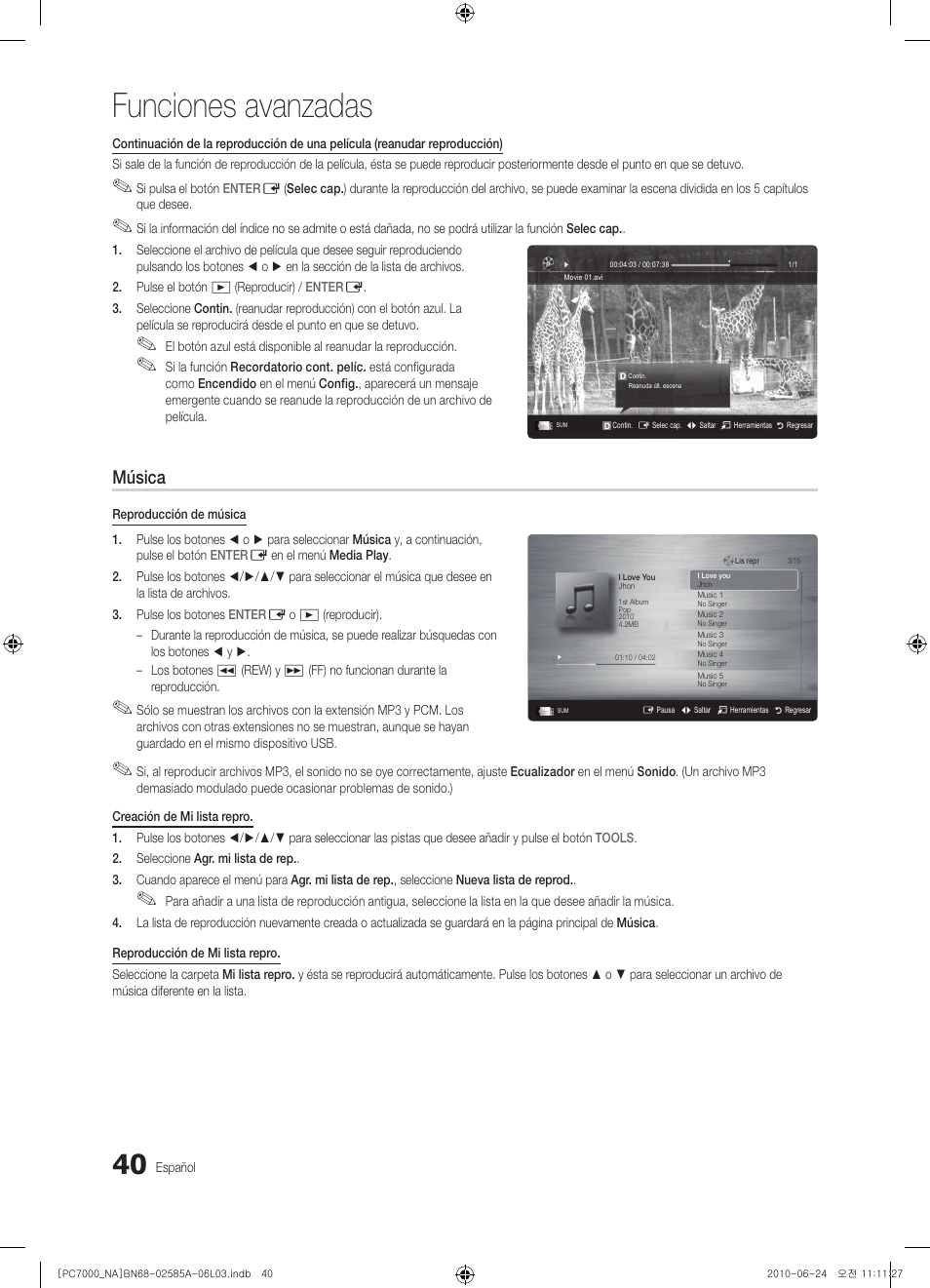 Funciones avanzadas, Música | Samsung PN63C7000YFXZA User Manual | Page 106 / 198