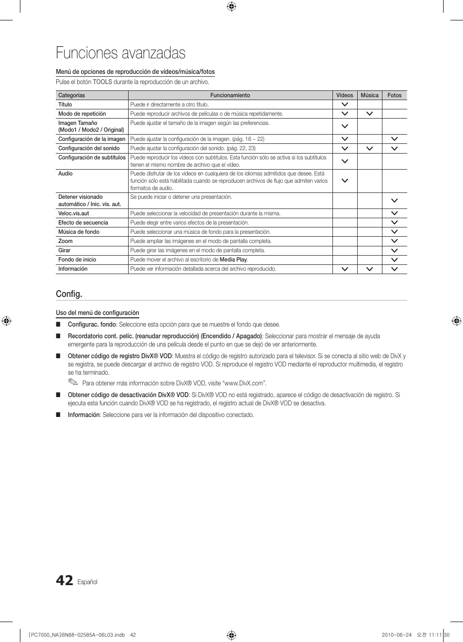 Funciones avanzadas, Config | Samsung PN63C7000YFXZA User Manual | Page 108 / 198