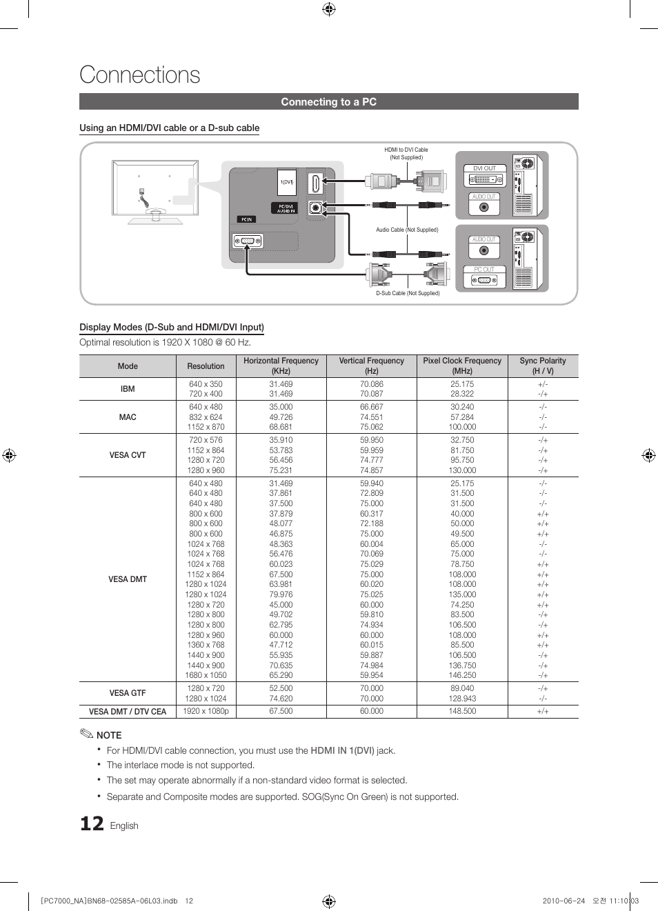 Connecting to a pc, Connections | Samsung PN63C7000YFXZA User Manual | Page 12 / 198