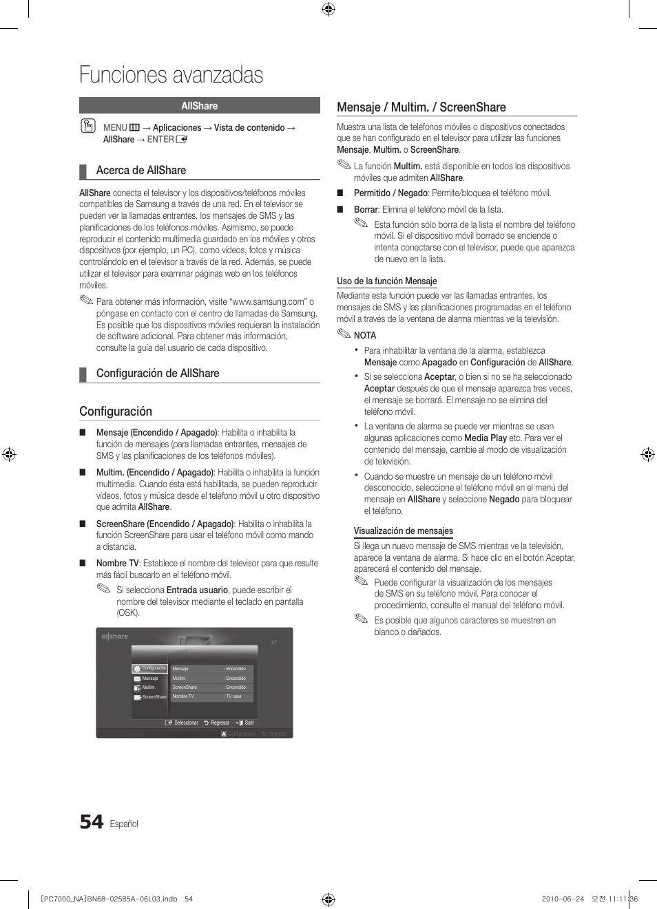 Funciones avanzadas, Configuración, Mensaje / multim. / screenshare | Samsung PN63C7000YFXZA User Manual | Page 120 / 198