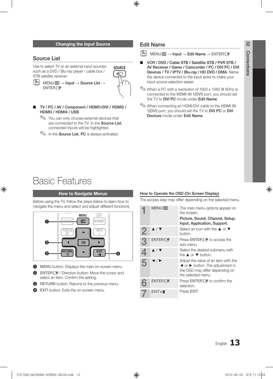 Changing the input source, Basic features, How to navigate menus | Source list, Edit name | Samsung PN63C7000YFXZA User Manual | Page 13 / 198