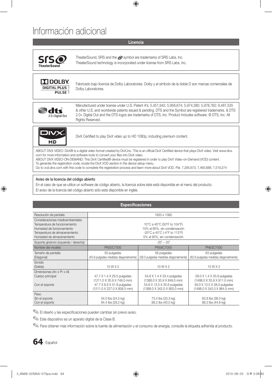 Información adicional | Samsung PN63C7000YFXZA User Manual | Page 130 / 198
