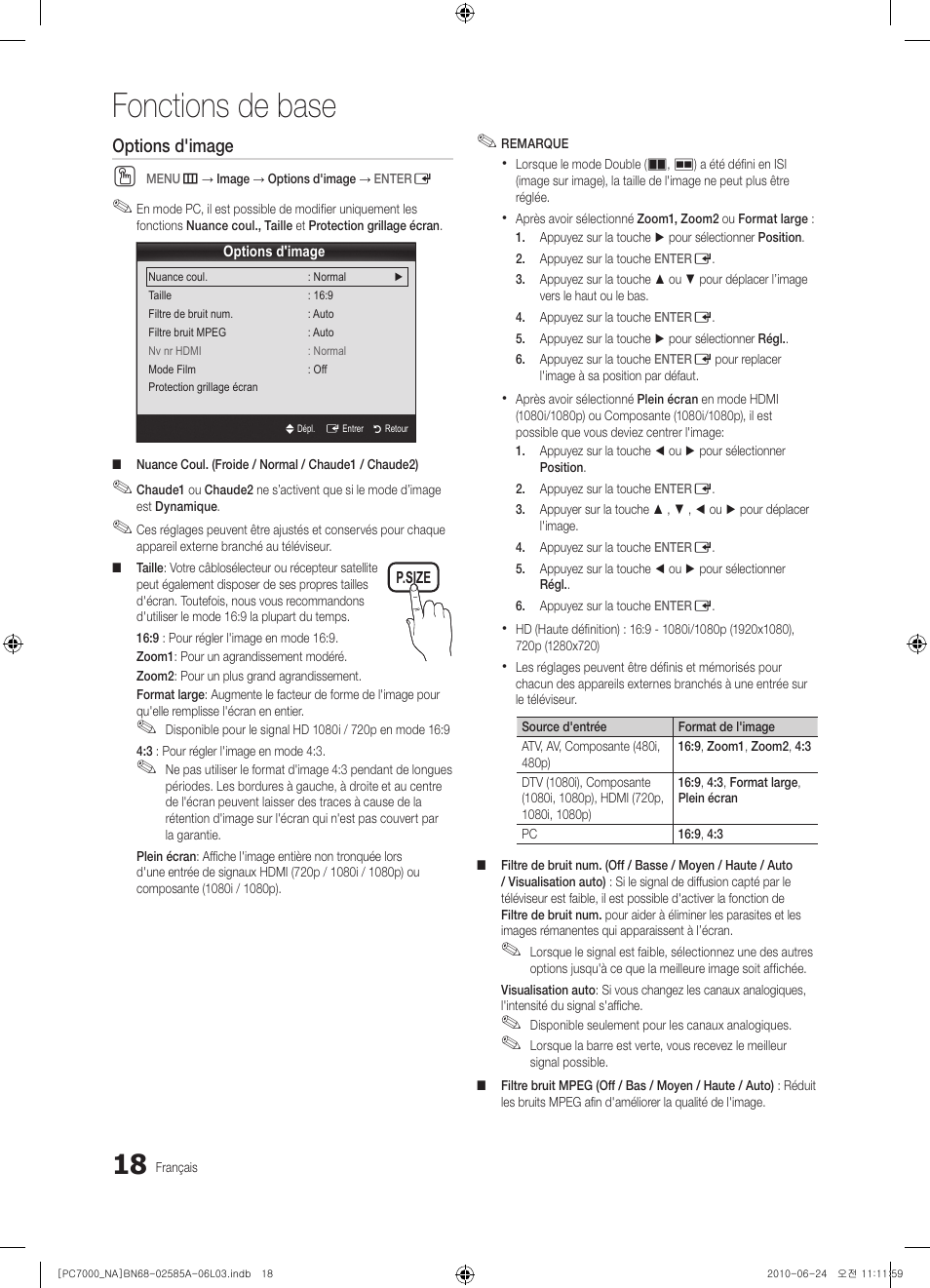 Fonctions de base, Options d'image | Samsung PN63C7000YFXZA User Manual | Page 150 / 198
