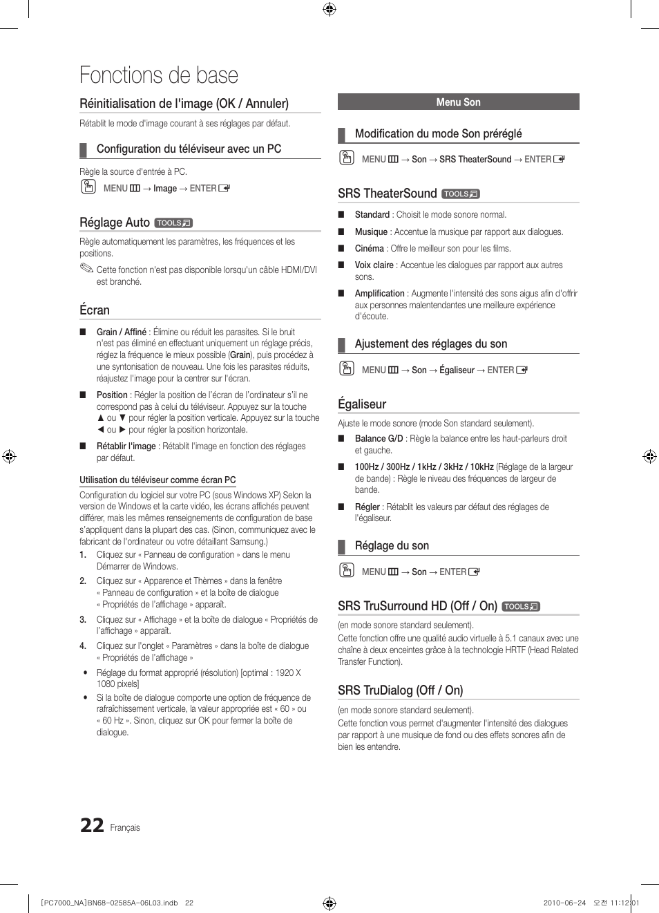 Fonctions de base, Réinitialisation de l'image (ok / annuler), Réglage auto | Écran, Srs theatersound, Égaliseur, Srs trusurround hd (off / on), Srs trudialog (off / on) | Samsung PN63C7000YFXZA User Manual | Page 154 / 198
