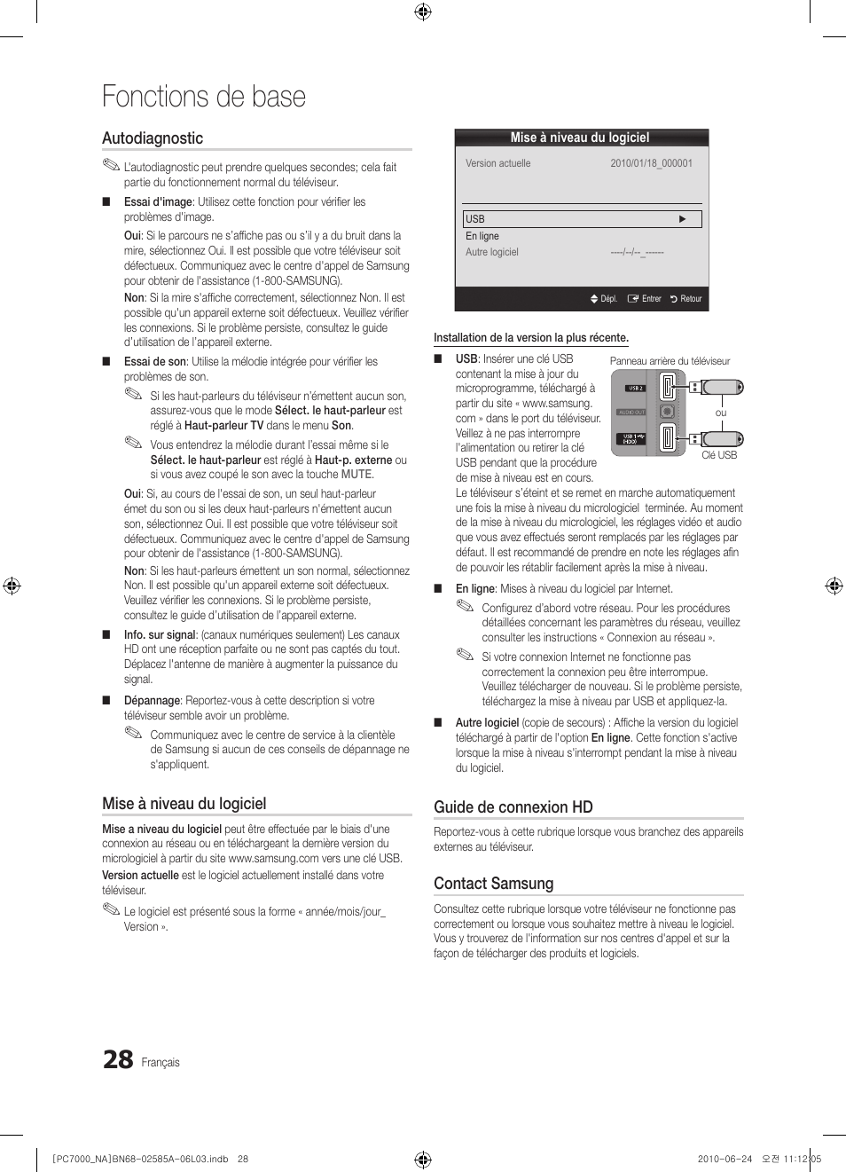 Fonctions de base, Autodiagnostic, Mise à niveau du logiciel | Guide de connexion hd, Contact samsung | Samsung PN63C7000YFXZA User Manual | Page 160 / 198