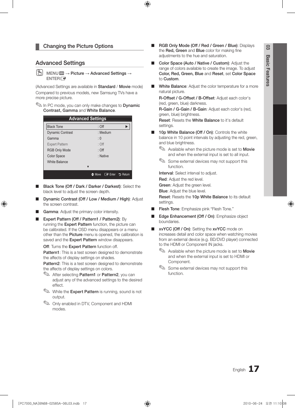 Advanced settings | Samsung PN63C7000YFXZA User Manual | Page 17 / 198