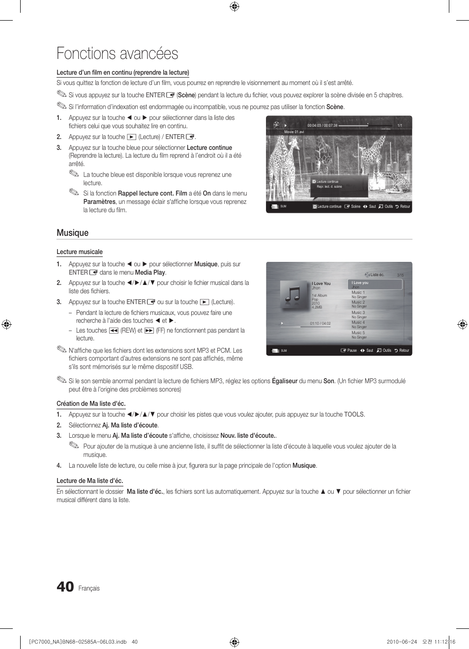 Fonctions avancées, Musique | Samsung PN63C7000YFXZA User Manual | Page 172 / 198