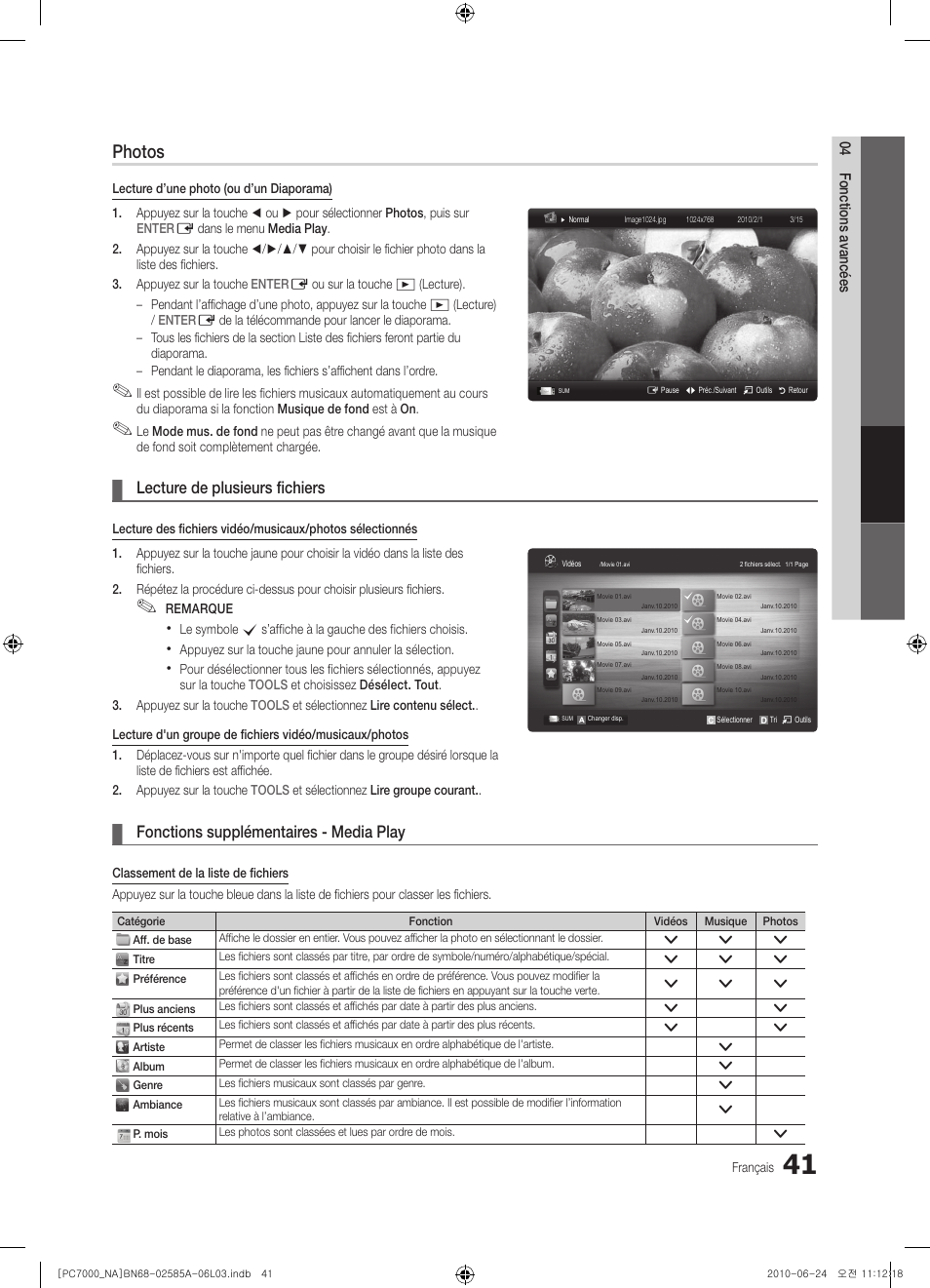 Photos, Lecture de plusieurs fichiers, Fonctions supplémentaires - media play | Samsung PN63C7000YFXZA User Manual | Page 173 / 198