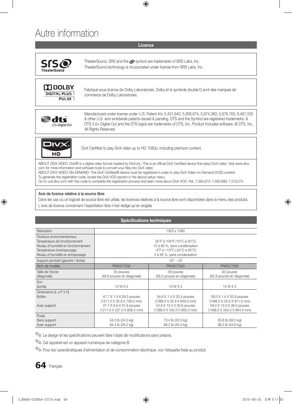 Autre information | Samsung PN63C7000YFXZA User Manual | Page 196 / 198
