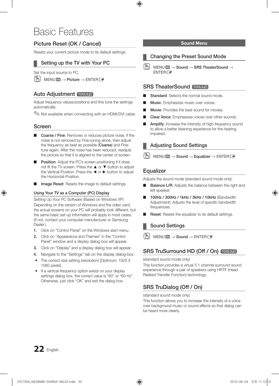 Sound menu, Basic features, Picture reset (ok / cancel) | Auto adjustment, Screen, Srs theatersound, Equalizer, Srs trusurround hd (off / on), Srs trudialog (off / on) | Samsung PN63C7000YFXZA User Manual | Page 22 / 198